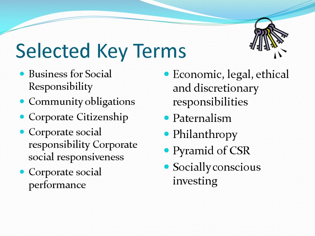 Selected Key Terms Business for Social Responsibility Community obligations Corporate Citizenship Corporate social responsibility